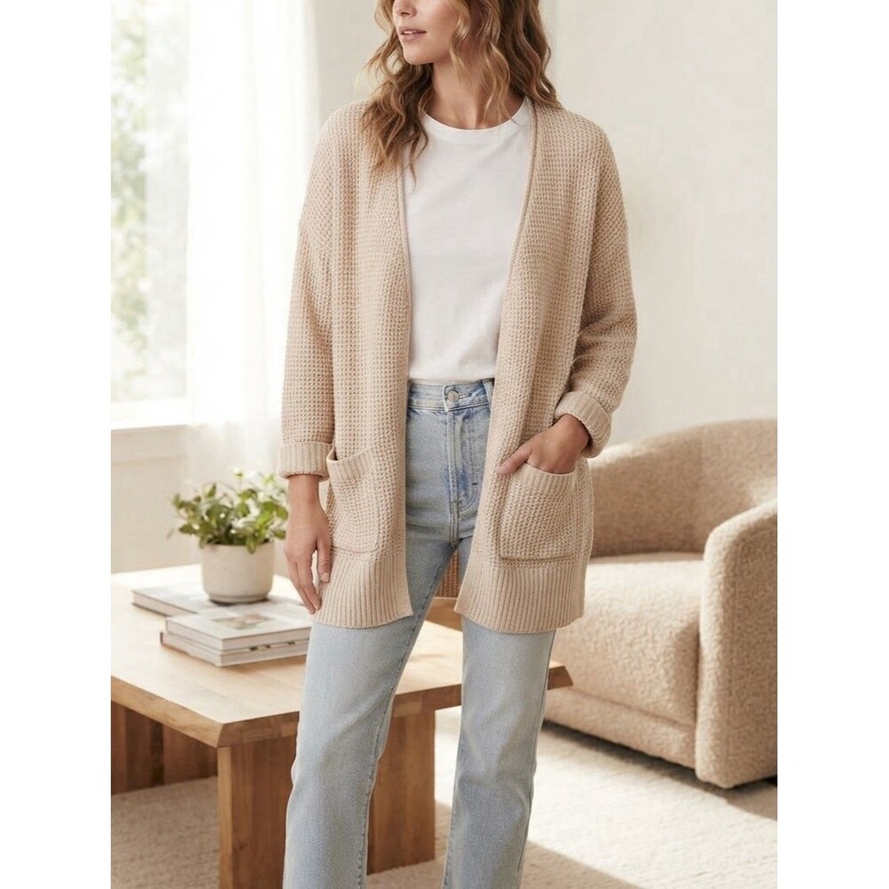 Universal Thread Womens Cardigan Sweater Medium Beige Cotton Open Front Pockets